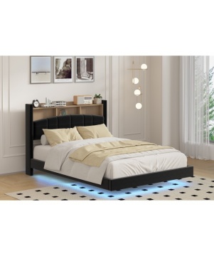Pat MARIO Complet Tapitat Catifea, Cu Iluminare Led Integrada, Somiera Inclusa, Negru