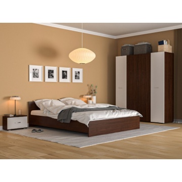 Dormitor Modena Alb/Wenghe Sifonier 4 Usi, Pat cu Saltea, 2 Noptiere, Pal Melaminat 18 mm, 160x200 cm