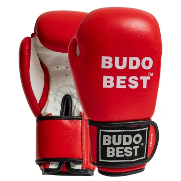 Mănuși de box Budo Best Bicolore, roșu cu alb, din piele naturală, cu prindere velcro și design ergonomic pentru competiție.