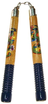 Nunchaku din lemn cu lant, 19 caneluri maner albastru - C121