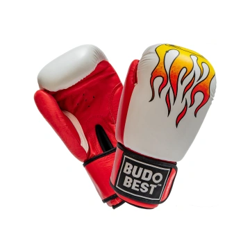 Mănuși de box Budo Best model Flăcări, realizate din piele de vacă de cea mai bună calitate, design alb-roșu cu grafică de foc și prindere velcro.