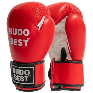 Mănuși de box Budo Best Bicolore, roșu cu alb, din piele naturală, cu prindere velcro și design ergonomic pentru competiție.