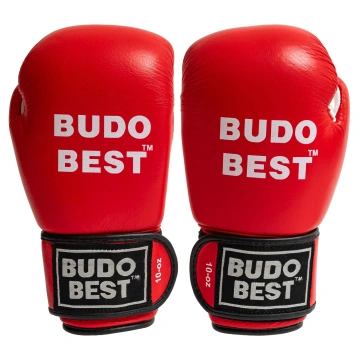 Mănuși de box Budo Best Bicolore, roșu cu alb, din piele naturală, cu prindere velcro și design ergonomic pentru competiție.