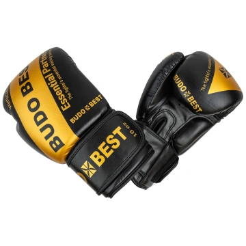 Mănuși de box Budo Best Essential, cu burete de înaltă densitate și prindere Velcro, ideale pentru antrenamente și sparring, design negru cu auriu