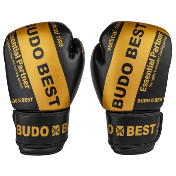 Mănuși de box Budo Best Essential, cu burete de înaltă densitate și prindere Velcro, ideale pentru antrenamente și sparring, design negru cu auriu