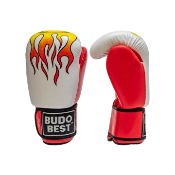Mănuși de box Budo Best model Flăcări, realizate din piele de vacă de cea mai bună calitate, design alb-roșu cu grafică de foc și prindere velcro.