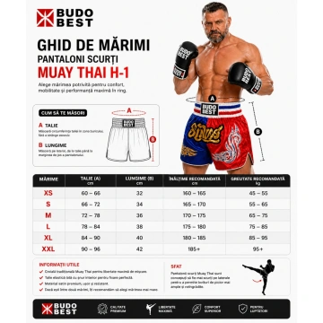 Ghid mărimi Pantaloni Scurți Muay Thai Budo Best H-1 – Șort Profesional Kickboxing & Thai Boxing