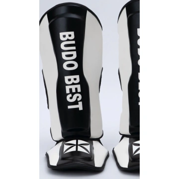 Tibiere profesionale Budo Best ST-27 alb-negru pentru arte marțiale, protecție tibie și metatarsiene.