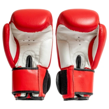 Mănuși de box Budo Best Bicolore, roșu cu alb, din piele naturală, cu prindere velcro și design ergonomic pentru competiție.