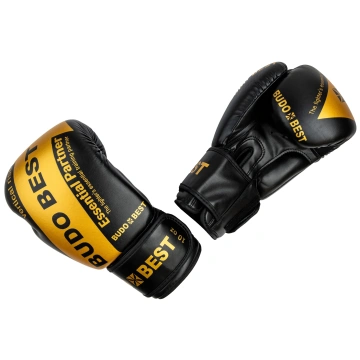 Mănuși de box Budo Best Essential, cu burete de înaltă densitate și prindere Velcro, ideale pentru antrenamente și sparring, design negru cu auriu