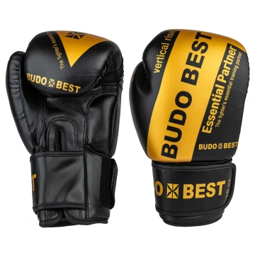 Mănuși de box Budo Best Essential, cu burete de înaltă densitate și prindere Velcro, ideale pentru antrenamente și sparring, design negru cu auriu