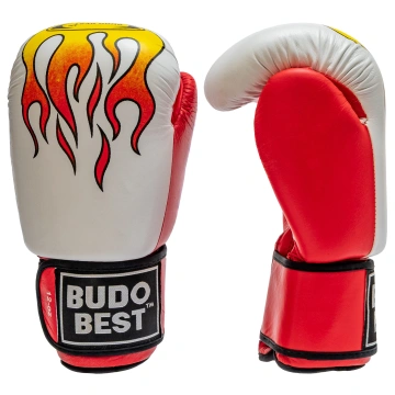 Mănuși de box Budo Best model Flăcări, realizate din piele de vacă de cea mai bună calitate, design alb-roșu cu grafică de foc și prindere velcro.