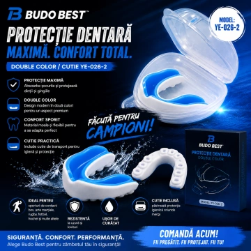 Protecție Dentară Budo Best Double Color cu Cutie YE-026-2 – Protecție dentară Budo Best Double Color YE-026-2 albastru și alb cu cutie transparentă pentru box, kickboxing, MMA și Muay Thai.