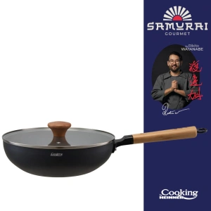 Tigaie Wok 26 cm cu Capac din Sticla, Aluminiu si Interior Ceramic Antiaderent – Samurai Gourmet