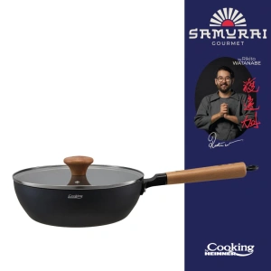 Tigaie Wok 24 cm cu Capac din Sticla, Aluminiu si Interior Ceramic Antiaderent – Samurai Gourmet