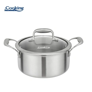 Semioala din Inox cu Capac din Sticla Heinner Atomic3, 20 x 10 cm, 2.8 L, 3 Straturi, Compatibila Inductie