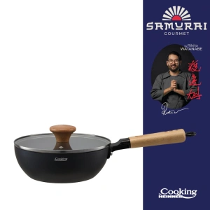 Tigaie Wok 20 cm cu Capac din Sticla, Aluminiu si Interior Ceramic Antiaderent – Samurai Gourmet