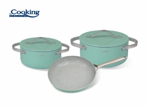 Set Gatit 5 Piese din Aluminiu Presat Creta Cooking by Heinner, Tigaie, Cratita si Semioala cu Capac
