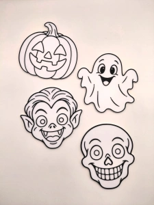 Set 4 Figurine Halloween de Colorat + 12 Carioci Lavabile Incluse – Dovleac, Fantomă, Vampir și Craniu