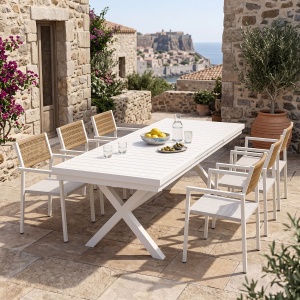 Σετ επεκτεινόμενο τραπέζι και καρέκλες τραπεζαρίας, 7 τεμάχια, Dagyn Savor, Pako, Λευκό 240x90x76 cm