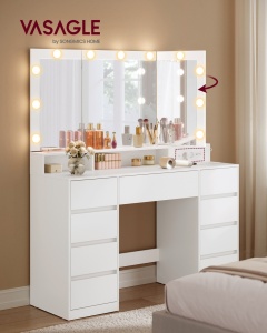 Τουαλέτα μακιγιάζ με LED Kailyn, Vasagle, Λευκή, 107x40x144 cm
