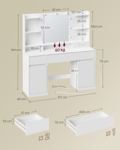 Τουαλέτα μακιγιάζ V2 Vasagle Λευκό 107x40x144 cm - Img 7