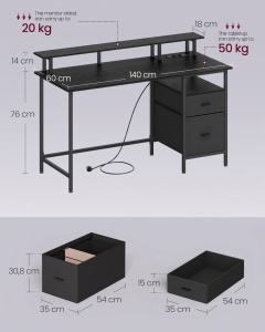 Γραφείο Vasagle Μαύρο, LED, 2 USB-A, 55 x 135 x 90 cm - Img 5