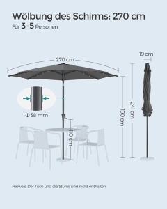 Ομπρέλα ηλίου, Songmics, 30 μοίρες, LED, UPF 50+, Γκρι - Img 4