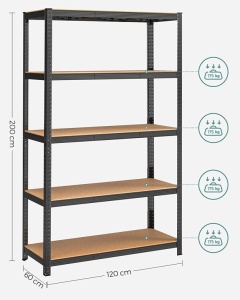 Ράφι Songmics, 5 Ράφια, 60 x 120 x 200 cm, Black, GLR060B01 - Img 9