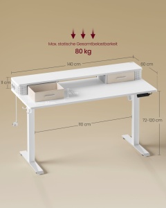 Ρυθμιζόμενο γραφείο Vasagle, Λευκό, LSD184W01, 60 x 140 x (72-120) - Img 7