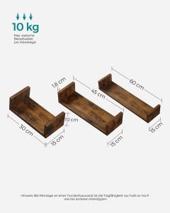 Σετ 3 ράφια τοίχου, Songmics, Antique, 30x15x10 cm - Img 3