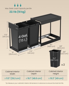 Συρόμενος κάδος απορριμμάτων Songmics Μαύρο 48.6x25.6x44.0 cm - Img 4