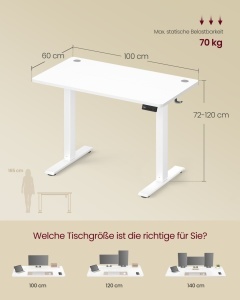 Birou reglabil pe inaltime, Balok, Vasagle, Alb, 100x60x120 cm - Img 6