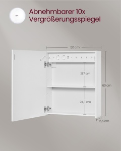 Dulap baie cu oglinda LED Vasagle, Kailyn, Alb perlat, 50x16.5x60 cm - Img 7
