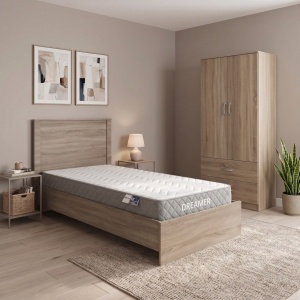 Set 3 piese Cadru de pat cu Saltea Dreamer 90x190cm si Dulap cu 2 usi Athos Sonoma, Stejar, 197.5x99x96 cm