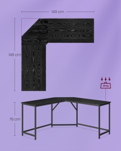 Γραφείο Vasagle Μαύρο 149x149x73.5 cm - Img 7