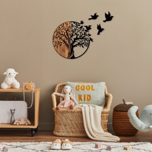 Διακοσμητικό Τοίχου από Ξύλο και Μέταλλο Tree And Birds, Μαύρο, 92x3x71 cm