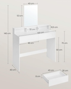 Τουαλέτα μακιγιάζ Vasagle, Λευκό, 100x40x140 cm - Img 6