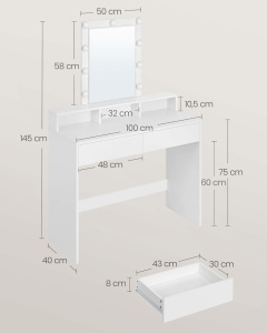 Τουαλέτα μακιγιάζ Vasagle, Λευκό, 100x40x145 cm - Img 6