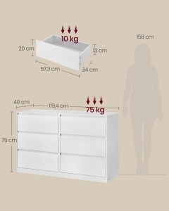 Comoda cu sertare, Kailyn, Vasagle, Alb, 119.4x40x75 cm - Img 3