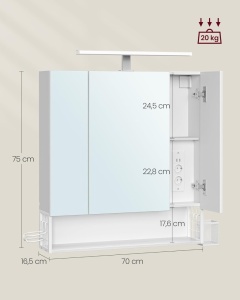 Dulap de baie cu oglinda Alb Vasagle 70x16.5x75 cm - Img 3
