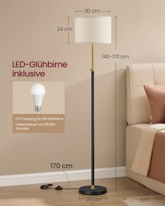 Lampadar LED, Lusia, Vasagle, Negru, 30x30x171 cm - Img 4