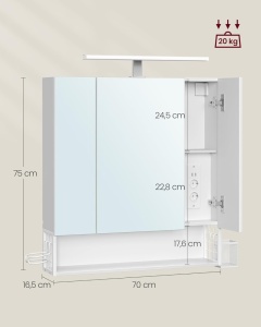 Ντουλάπι Μπάνιου με Καθρέφτη Λευκό Vasagle 70x16.5x75 cm - Img 3