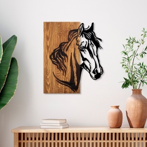 Πίνακας από ξύλο και μέταλλο Horse Καρυδί 48x57 cm