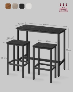 Σετ τραπέζι μπαρ και 2 σκαμπό μπαρ Vasagle Μαύρο 1000x400x885 cm - Img 7