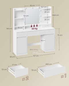 Τουαλέτα μακιγιάζ V2 Vasagle Λευκό 107x40x144 cm - Img 7