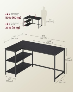 Birou Vasagle, Barnet, Negru, 120x80x76cm - Img 6