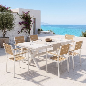 Σετ επεκτεινόμενο τραπέζι και καρέκλες τραπεζαρίας, 7 τεμάχια, Dagyn Breze, Pako, Φυσικό 240x90x76 cm