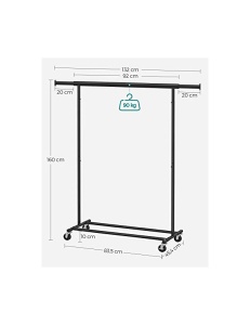 Σταντ ρούχων με ρόδες, Songmics, 90 kg, HSR13BKV1, Μαύρο - Img 7