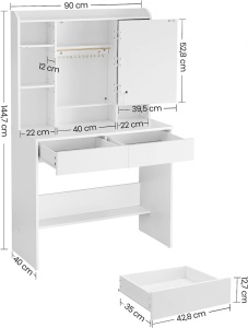 Τουαλέτα μακιγιάζ Vasagle, Λευκό, 90x40x144.7 cm - Img 6